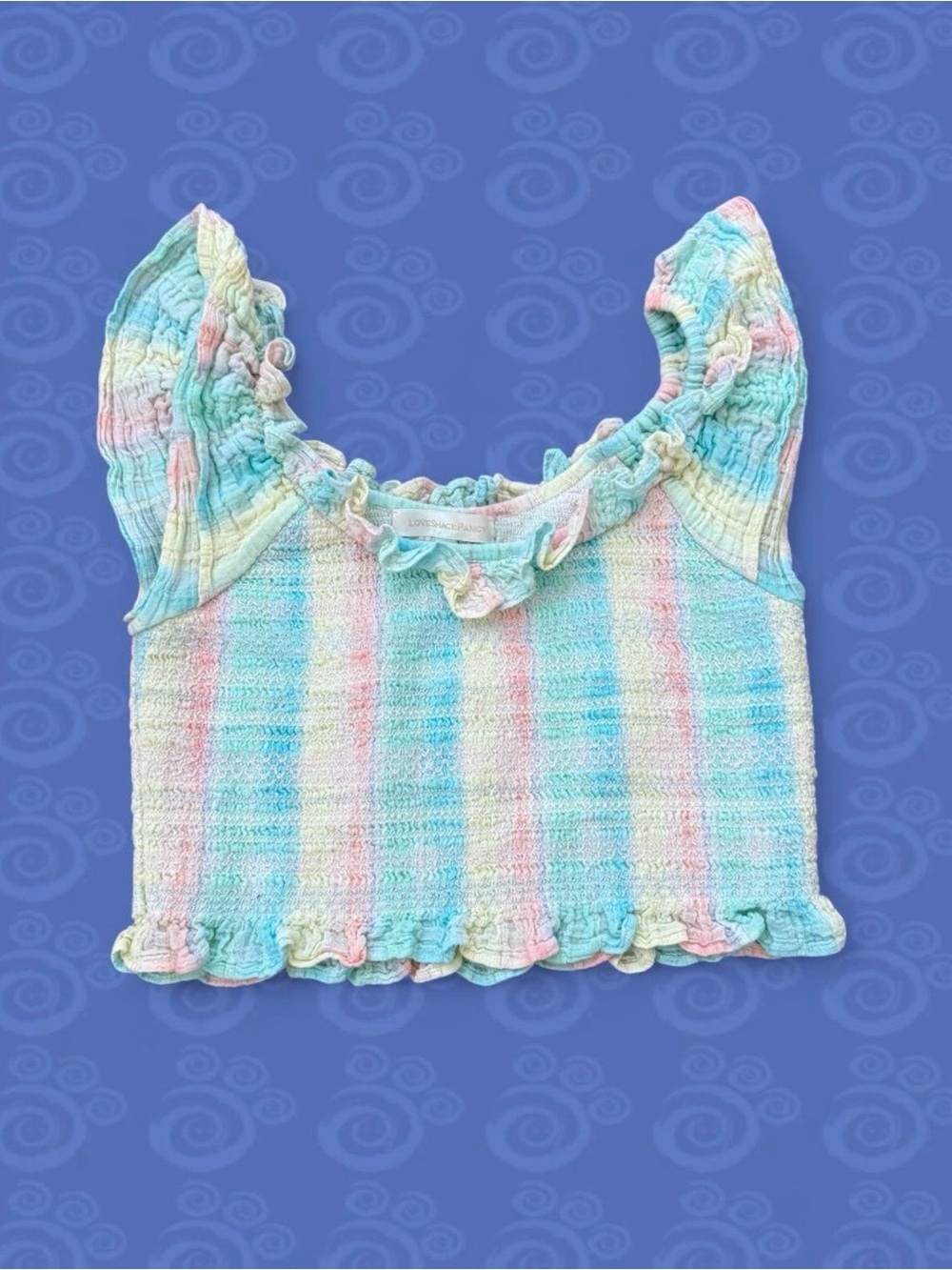 LoveShackFancy Rainbow Smocked Crop Top Size M Pastel Plaid Ruffle Sleeves